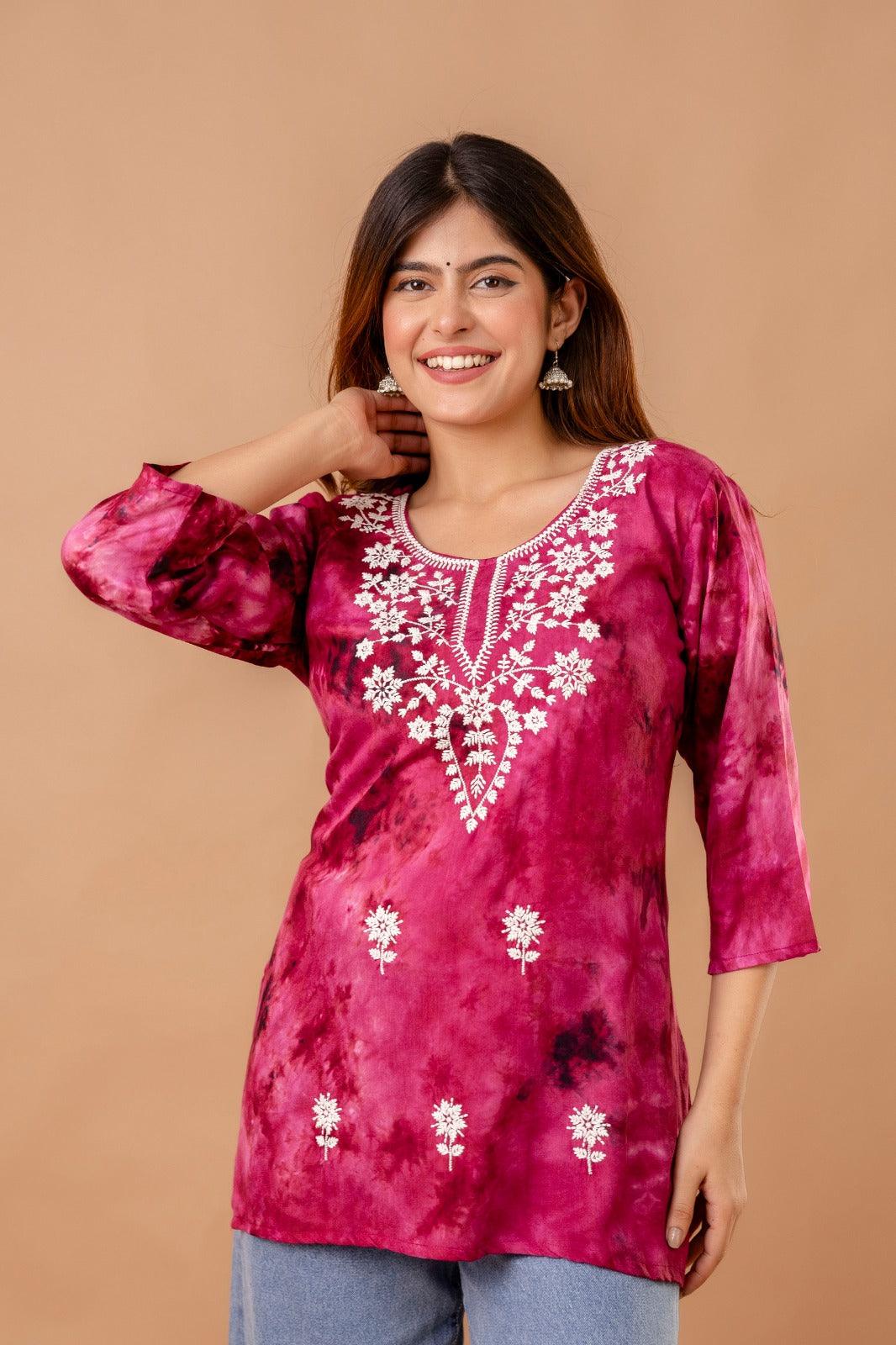 Women Short Kurti Rayan Embroidary Rose Red