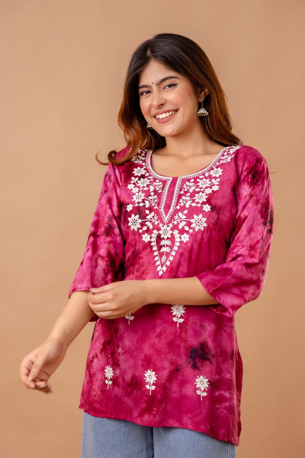 Women Short Kurti Rayan Embroidary Rose Red